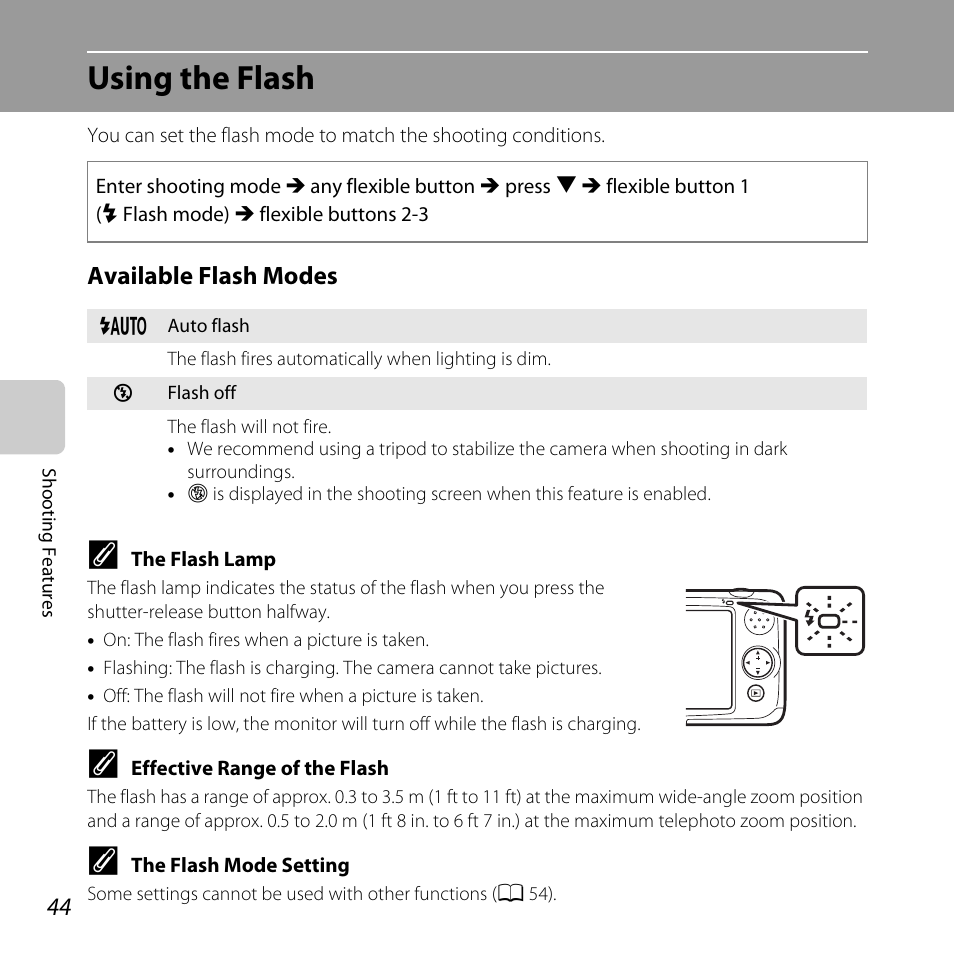 Using the flash, A 44), Available flash modes | Nikon Coolpix S30 User Manual | Page 70 / 194