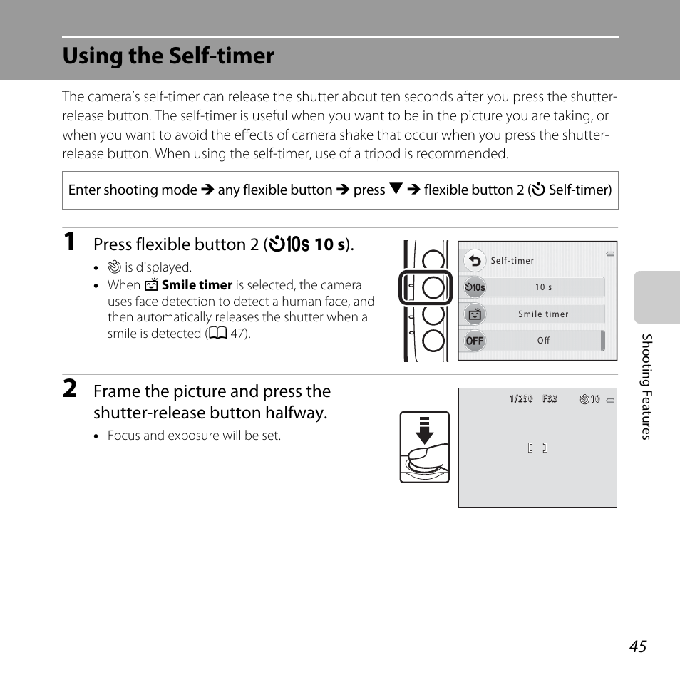 Using the self-timer, A 45), Press flexible button 2 (j 10 s ) | Nikon Coolpix S30 User Manual | Page 71 / 194