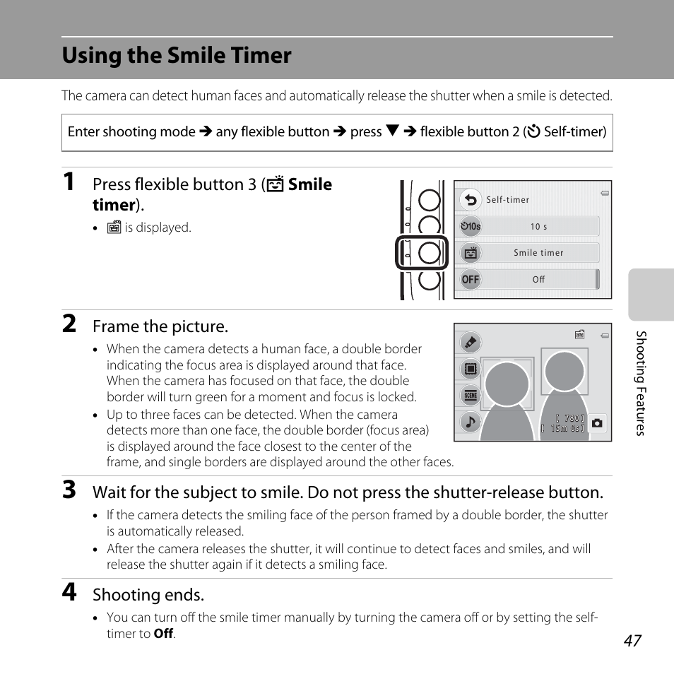 Using the smile timer, Press flexible button 3 (y smile timer ), Frame the picture | Shooting ends | Nikon Coolpix S30 User Manual | Page 73 / 194