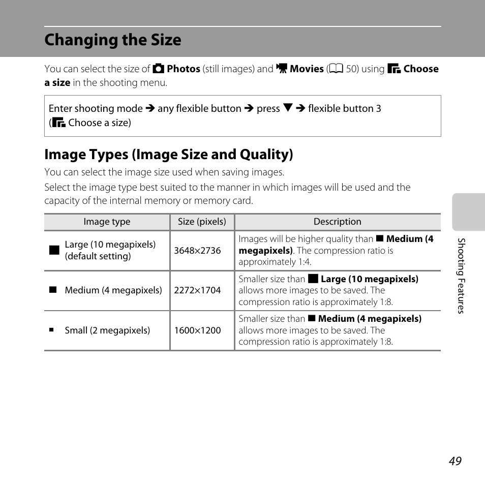 Changing the size, Image types (image size and quality), A 49) | Nikon Coolpix S30 User Manual | Page 75 / 194