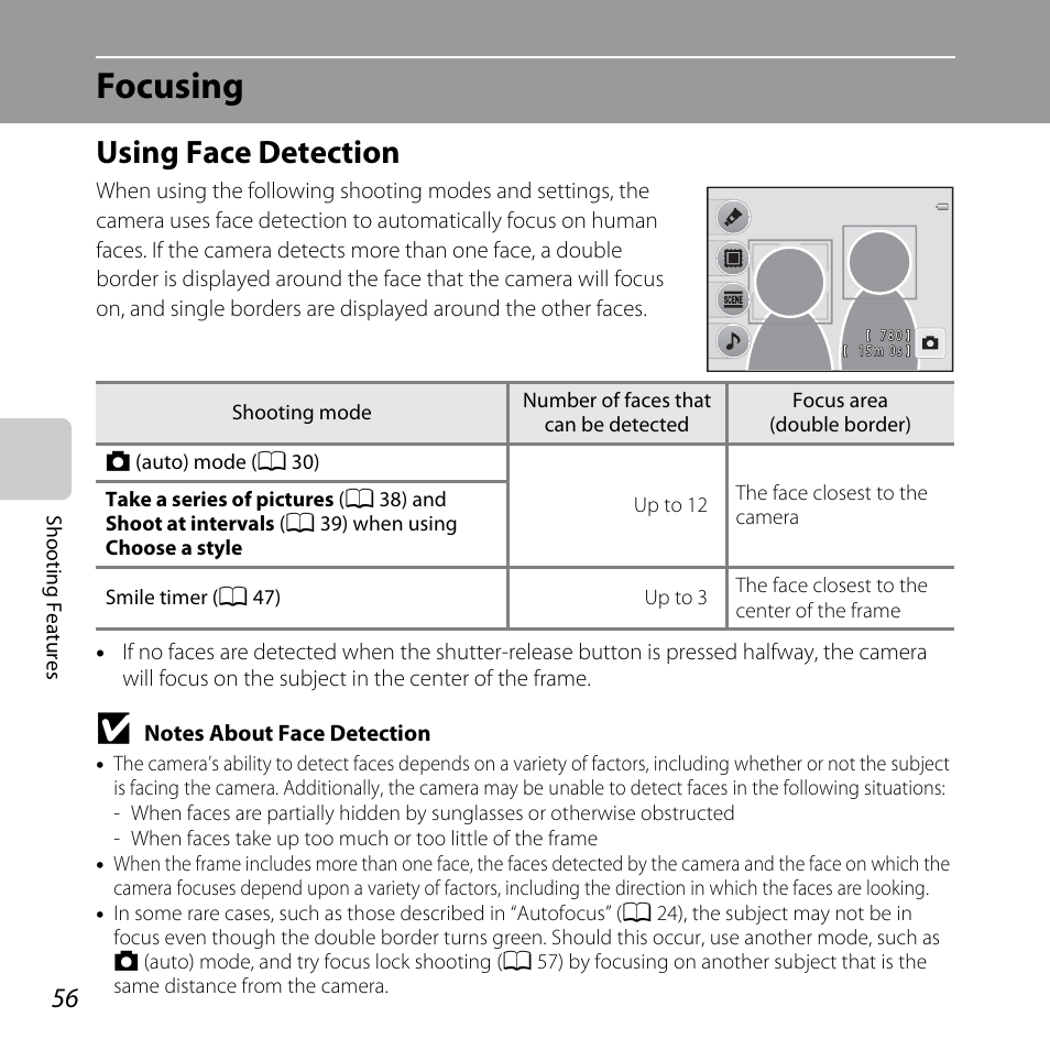 Focusing, Using face detection, A 56) | Notes about face detection, A 56 | Nikon Coolpix S30 User Manual | Page 82 / 194