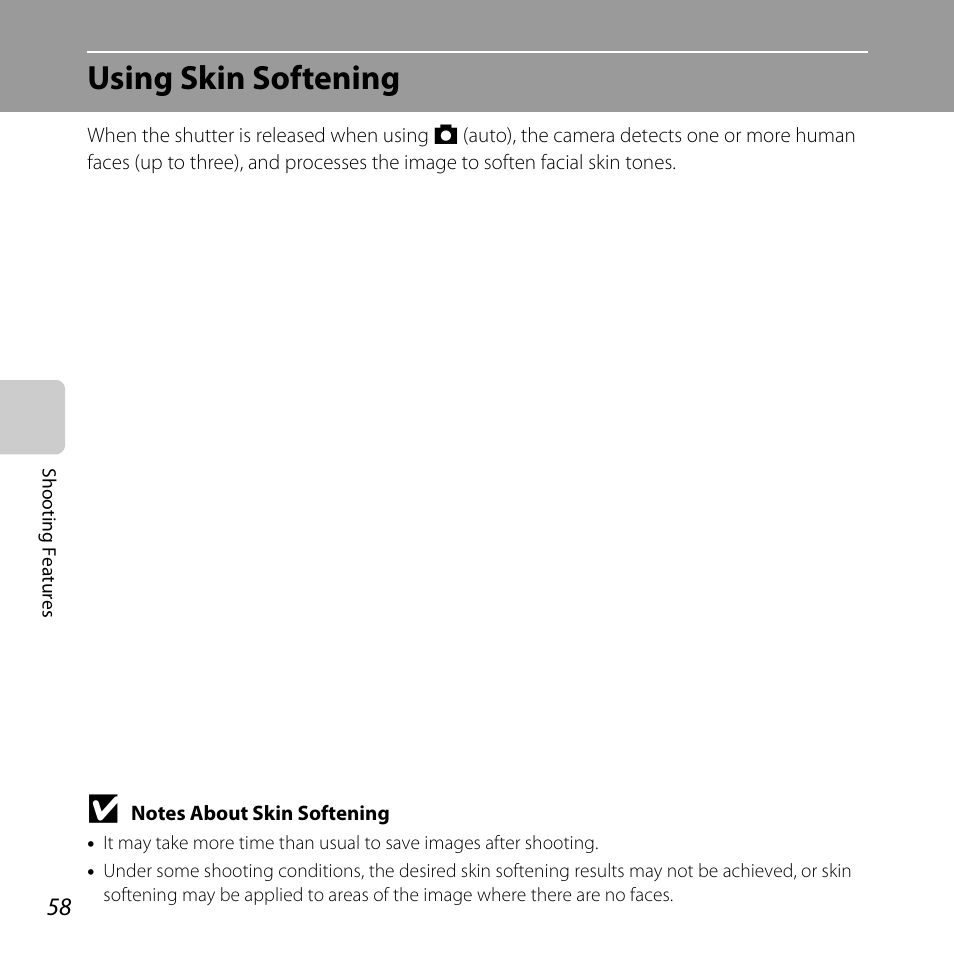 Using skin softening, A 58) | Nikon Coolpix S30 User Manual | Page 84 / 194