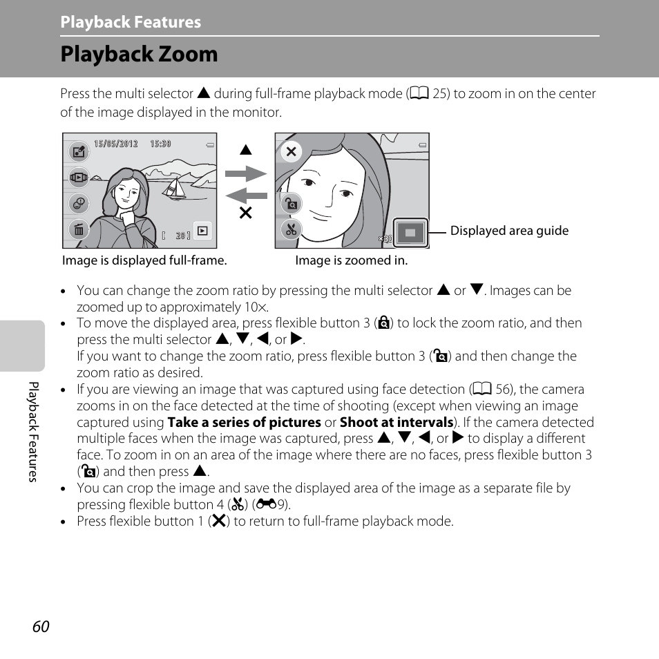 Playback zoom, A 60, Playback features | Nikon Coolpix S30 User Manual | Page 86 / 194