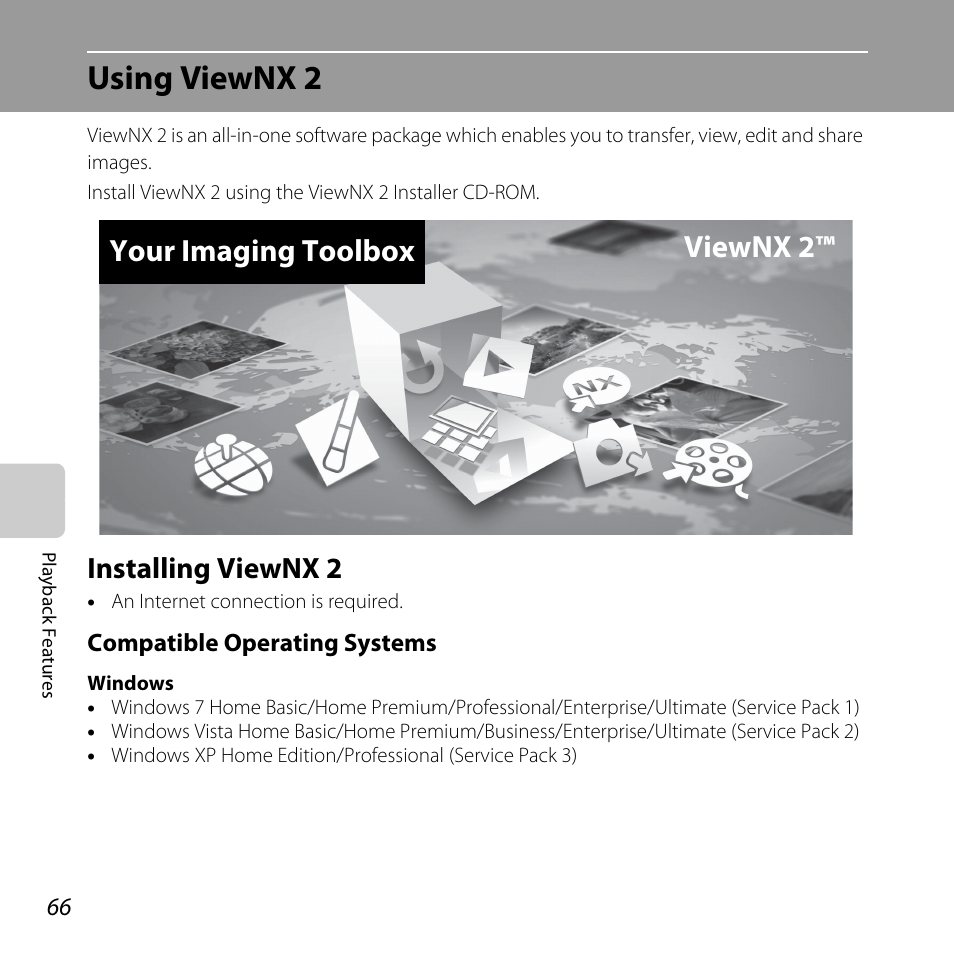 Using viewnx 2, Installing viewnx 2, A 66) | A 66, Your imaging toolbox viewnx 2 | Nikon Coolpix S30 User Manual | Page 92 / 194