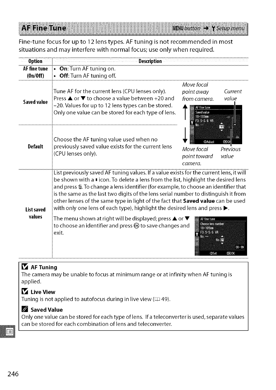 Option af fine tune (on/off), Description, Saved vaiue | Default, List saved values, Af tuning, C live view, Saved value, Af fine tune | Nikon D7000 User Manual | Page 12 / 94