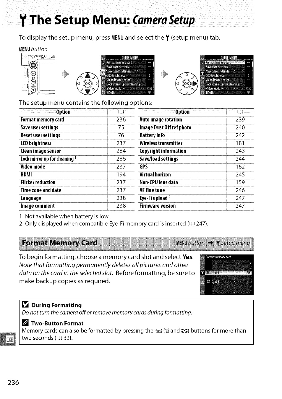 Y the setup menu: camera setup, During formatting, Y the setup menu | Camera setup | Nikon D7000 User Manual | Page 2 / 94