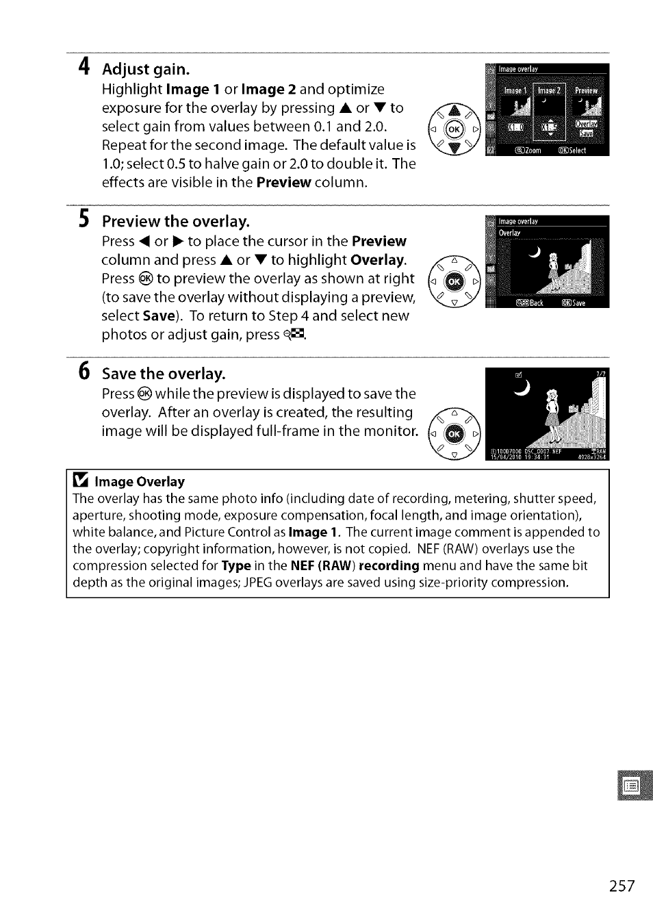 Adjust gain, Preview the overlay, Save the overlay | Nikon D7000 User Manual | Page 23 / 94