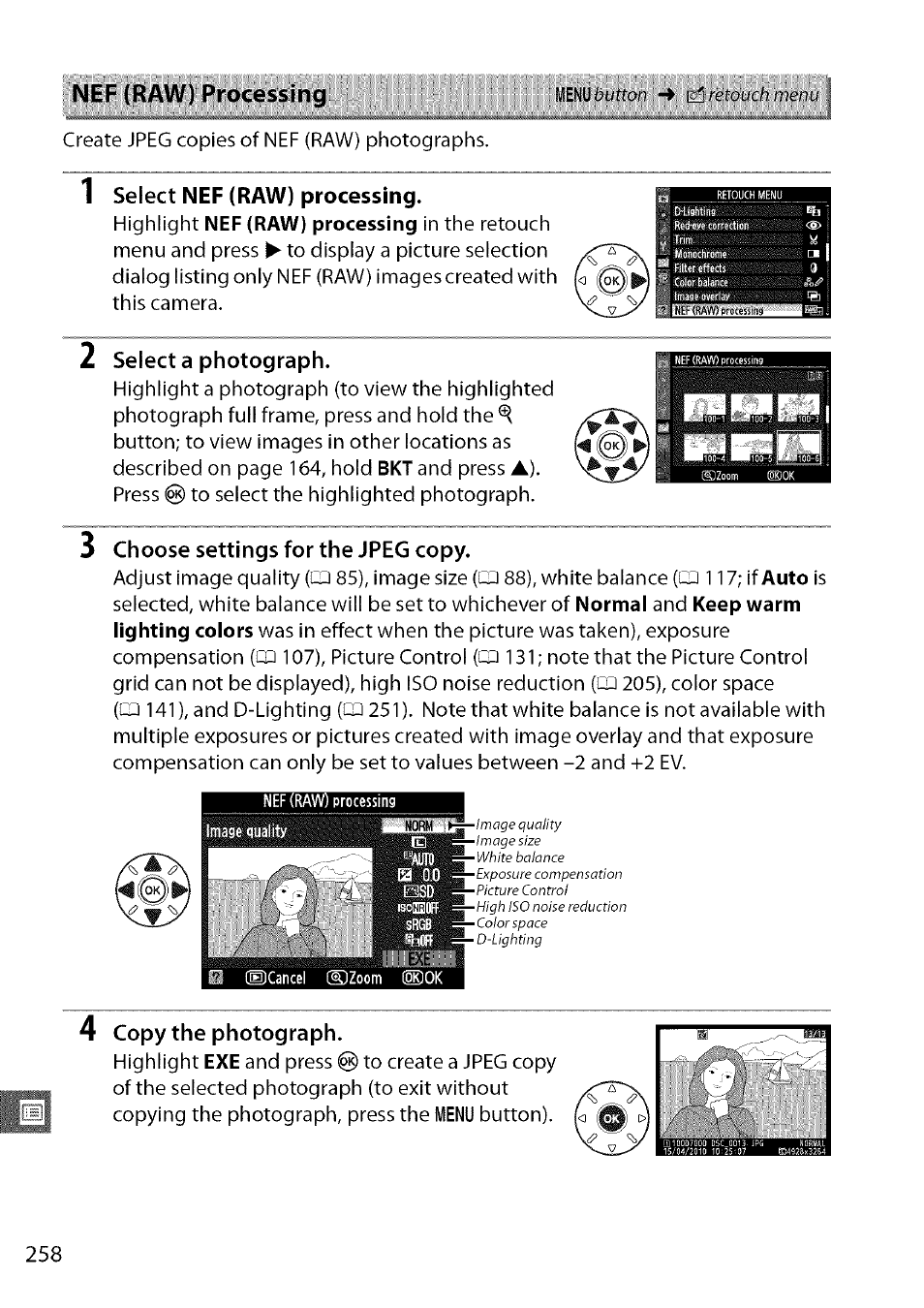 Nef (raw) processing, Select nef (raw) processing, Select a photograph | Choose settings for the jpeg copy, Copy the photograph | Nikon D7000 User Manual | Page 24 / 94