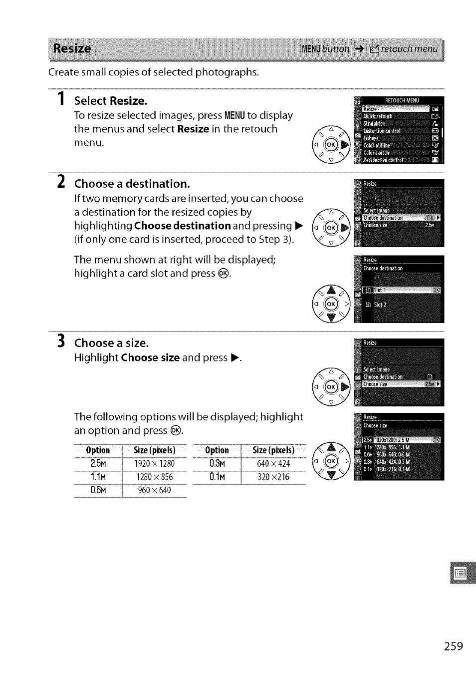 Resize, Select resize, Choose a destination | Choose a size | Nikon D7000 User Manual | Page 25 / 94