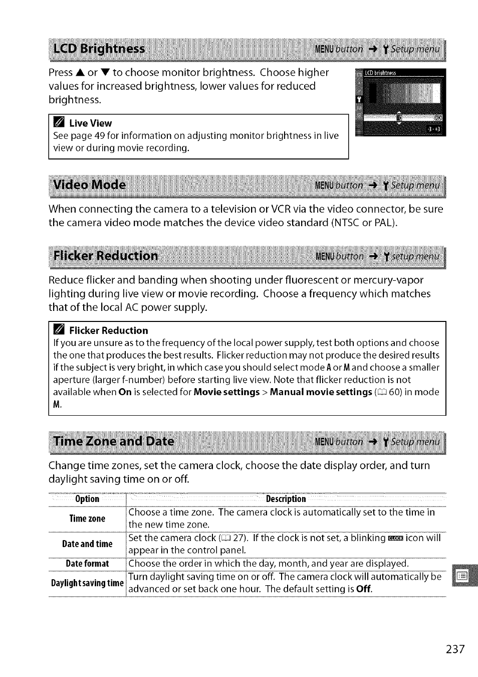 Live view, Flicker reduction, Lcd brightness | Video mode, Time zone and date | Nikon D7000 User Manual | Page 3 / 94