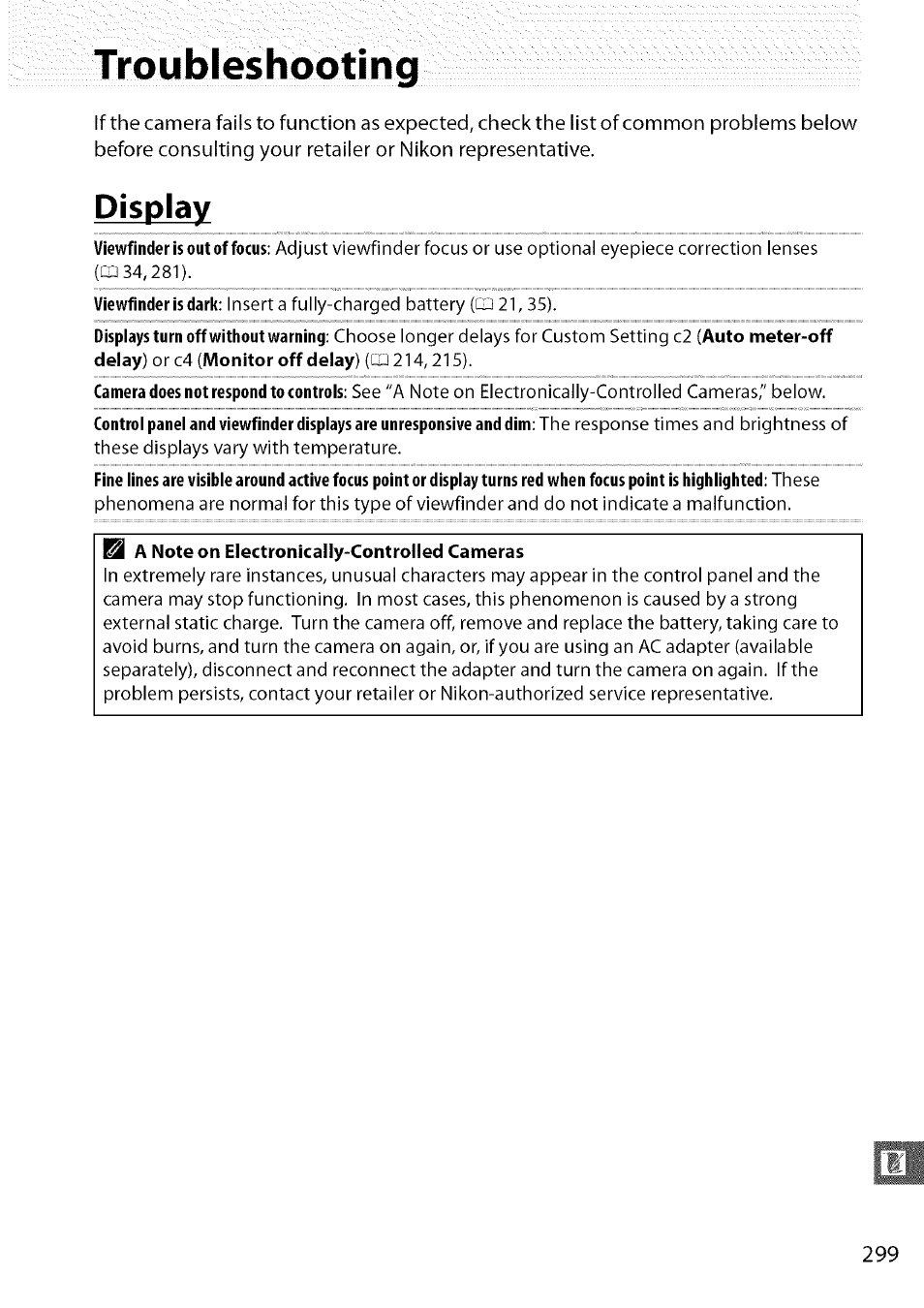 Troubleshooting, Display, A note on electronically-controlled cameras | Nikon D7000 User Manual | Page 65 / 94