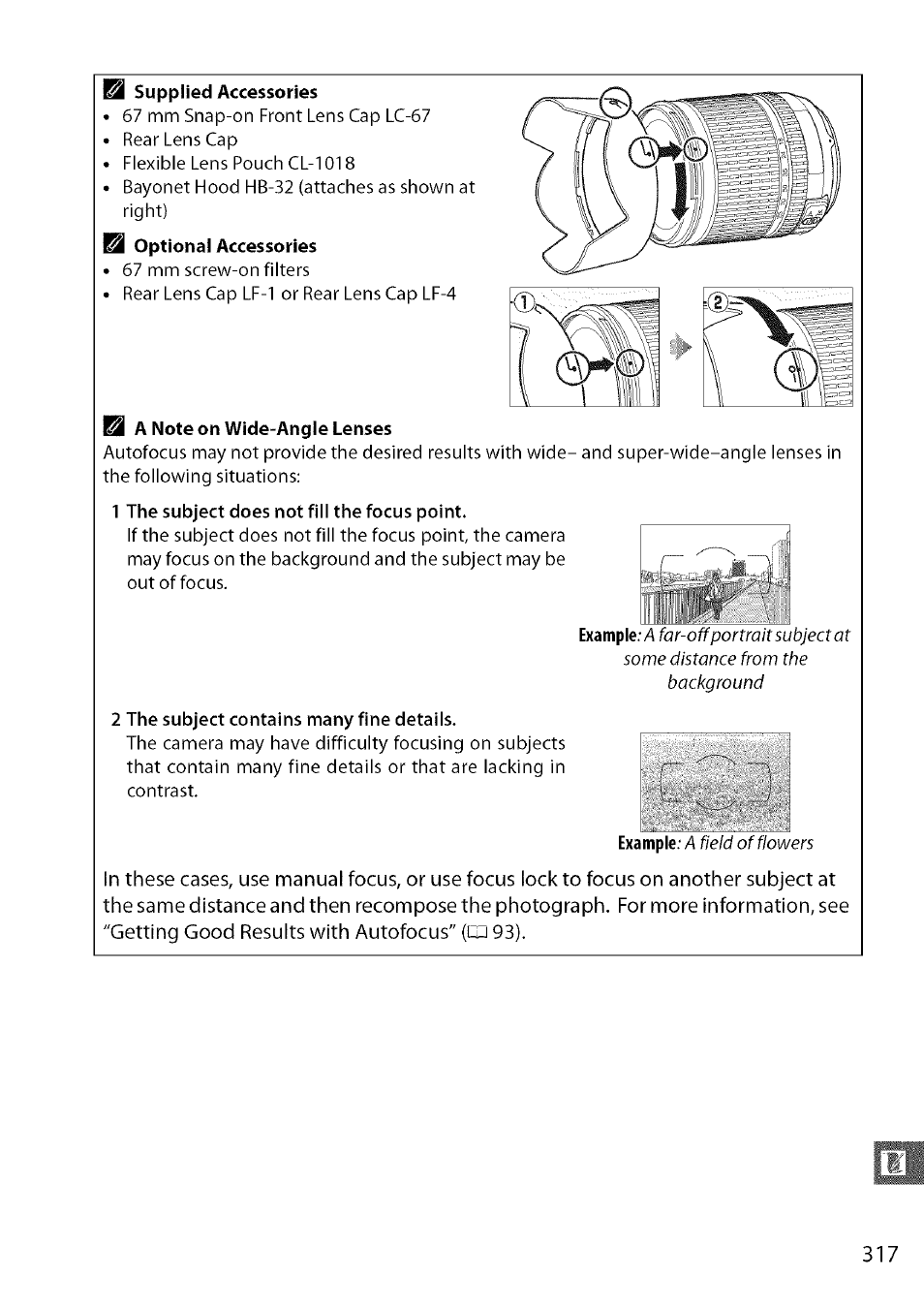 Supplied accessories, A note on wide-angle lenses, 1 the subject does not fill the focus point | 2 the subject contains many fine details | Nikon D7000 User Manual | Page 83 / 94