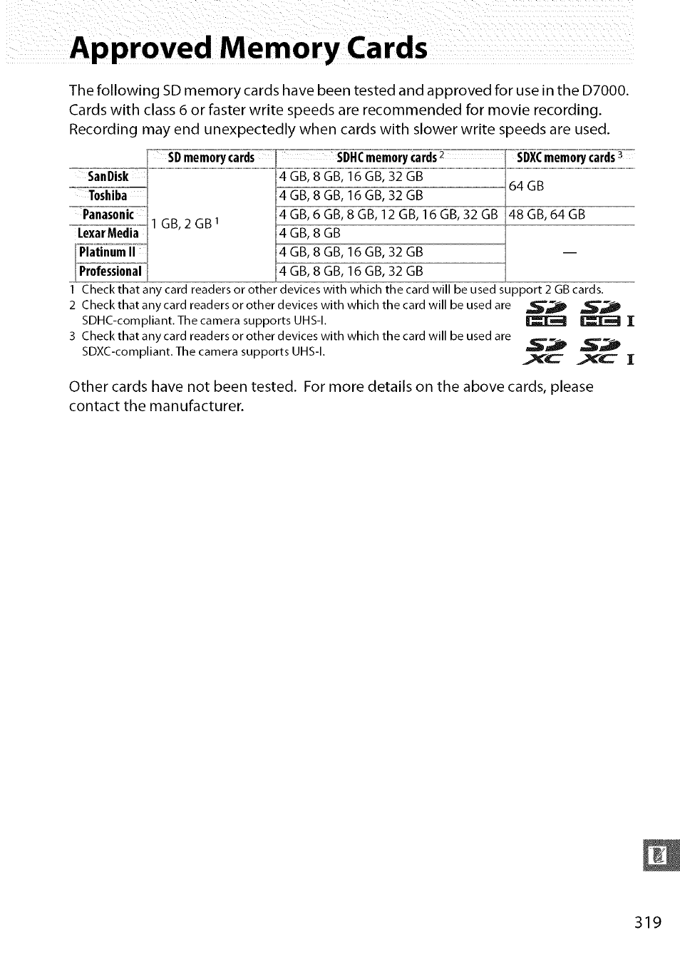 Approved memory cards | Nikon D7000 User Manual | Page 85 / 94