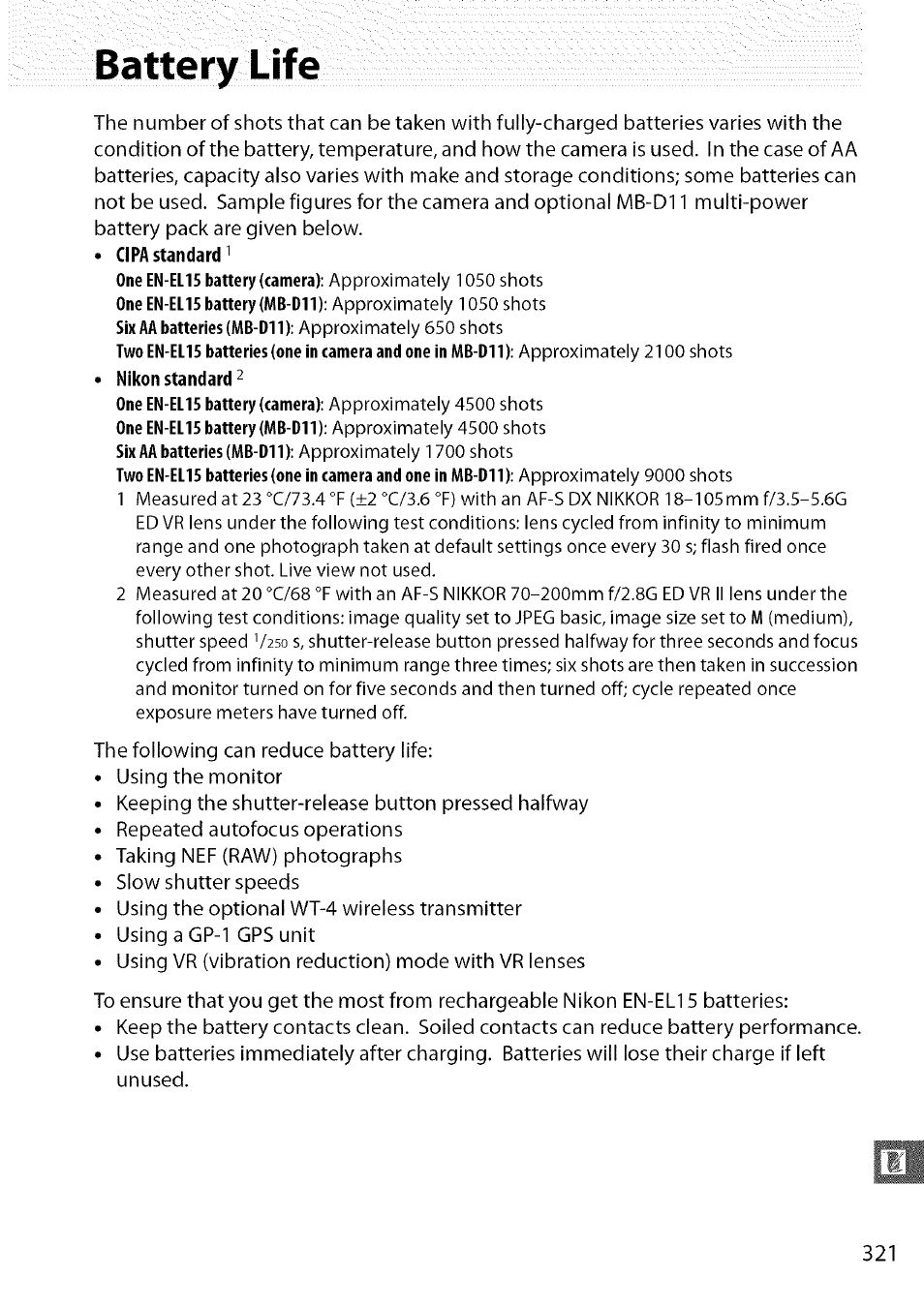 Battery life | Nikon D7000 User Manual | Page 87 / 94