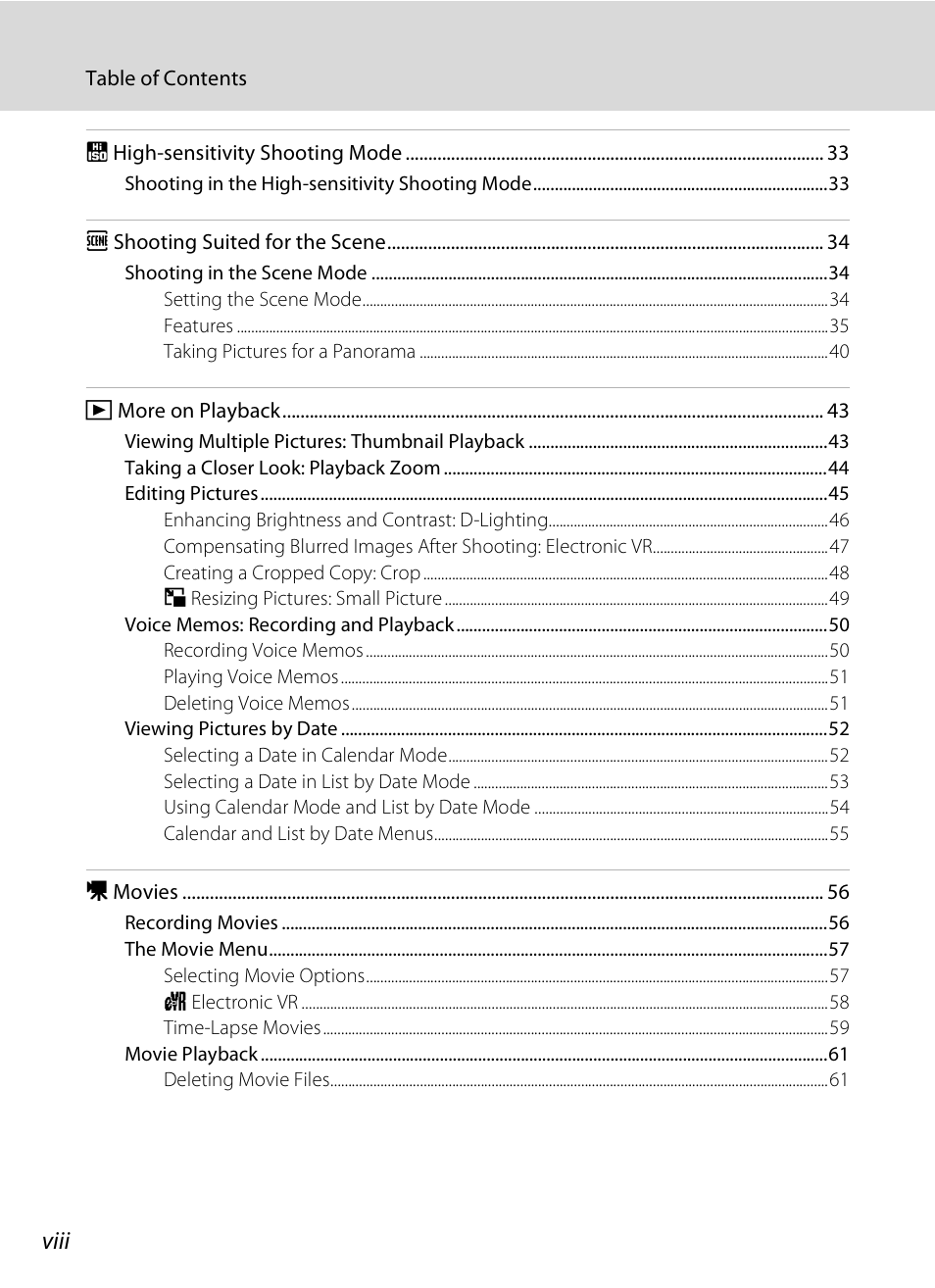 Viii | Nikon Coolpix S210 User Manual | Page 10 / 148