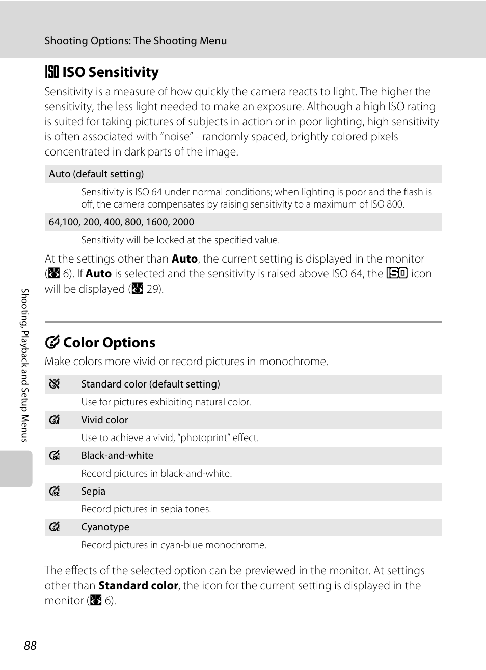 Iso sensitivity, Color options, E iso sensitivity f color options | A 88), A 88, E iso sensitivity, F color options | Nikon Coolpix S210 User Manual | Page 100 / 148