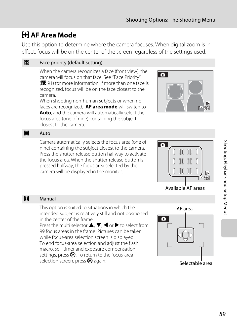 Af area mode, G af area mode, A 89) | A 89 | Nikon Coolpix S210 User Manual | Page 101 / 148