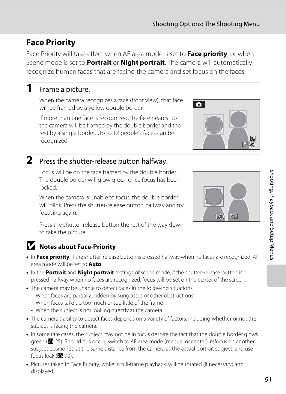 Face priority, A 91), A 91) fo | A 91, Frame a picture, Press the shutter-release button halfway | Nikon Coolpix S210 User Manual | Page 103 / 148