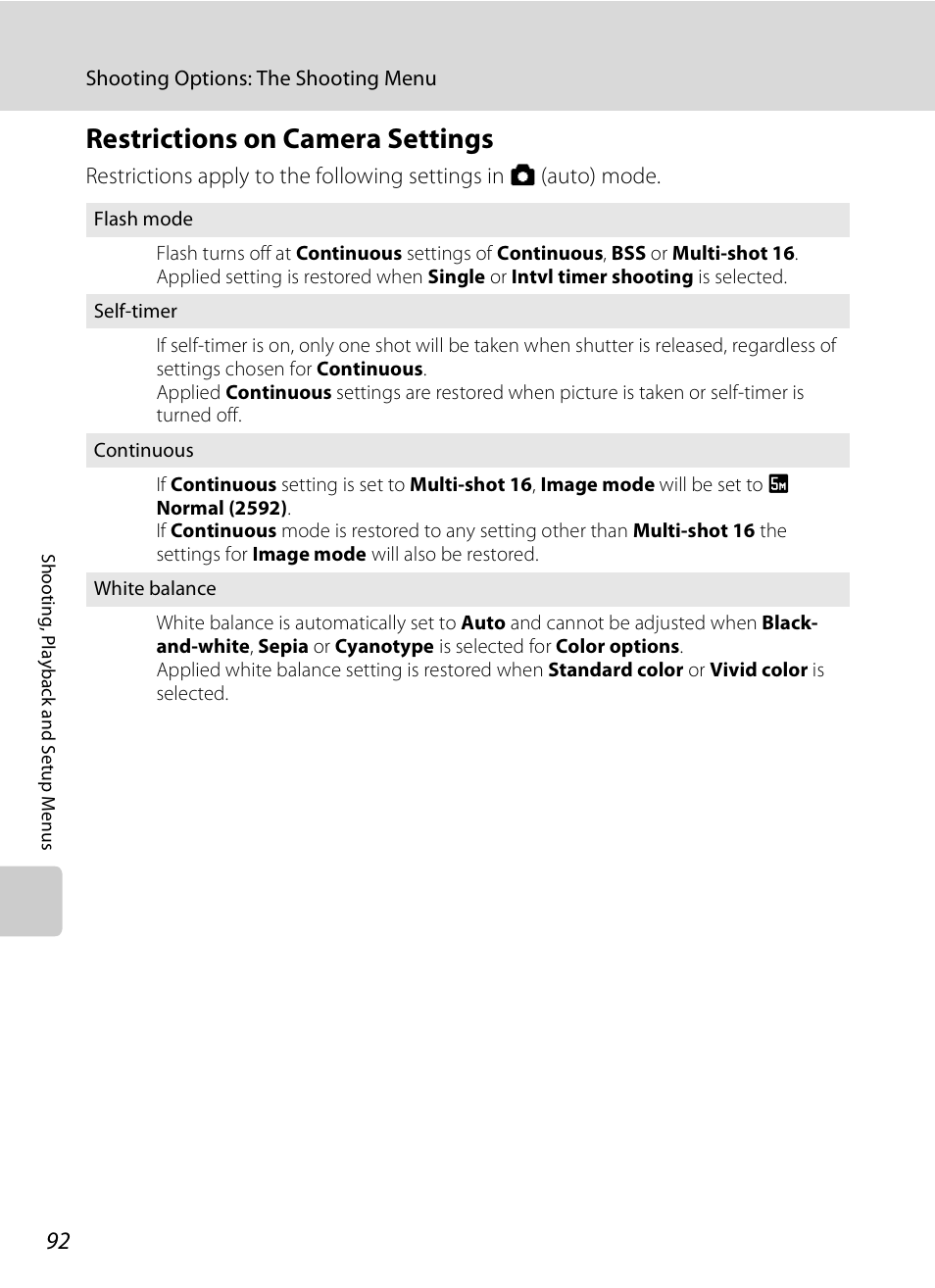 Restrictions on camera settings, A 92) | Nikon Coolpix S210 User Manual | Page 104 / 148