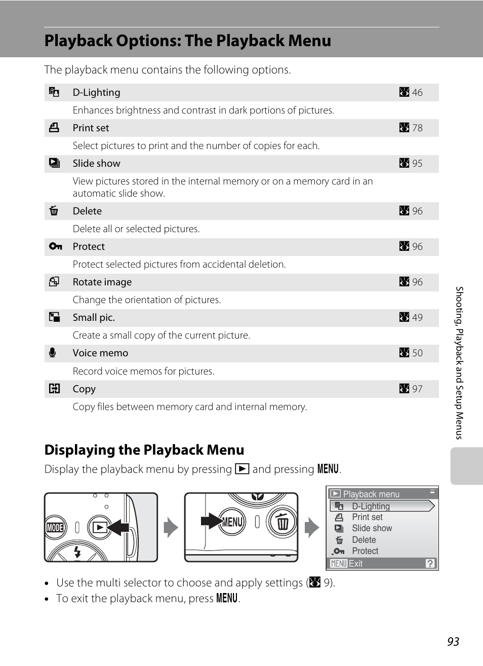 Playback options: the playback menu, Displaying the playback menu | Nikon Coolpix S210 User Manual | Page 105 / 148