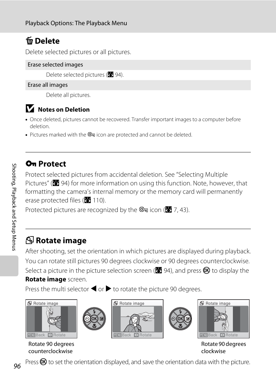Delete, Protect, Rotate image | C delete d protect f rotate image, A 96), A 96) s, A 96, C delete, D protect, F rotate image | Nikon Coolpix S210 User Manual | Page 108 / 148