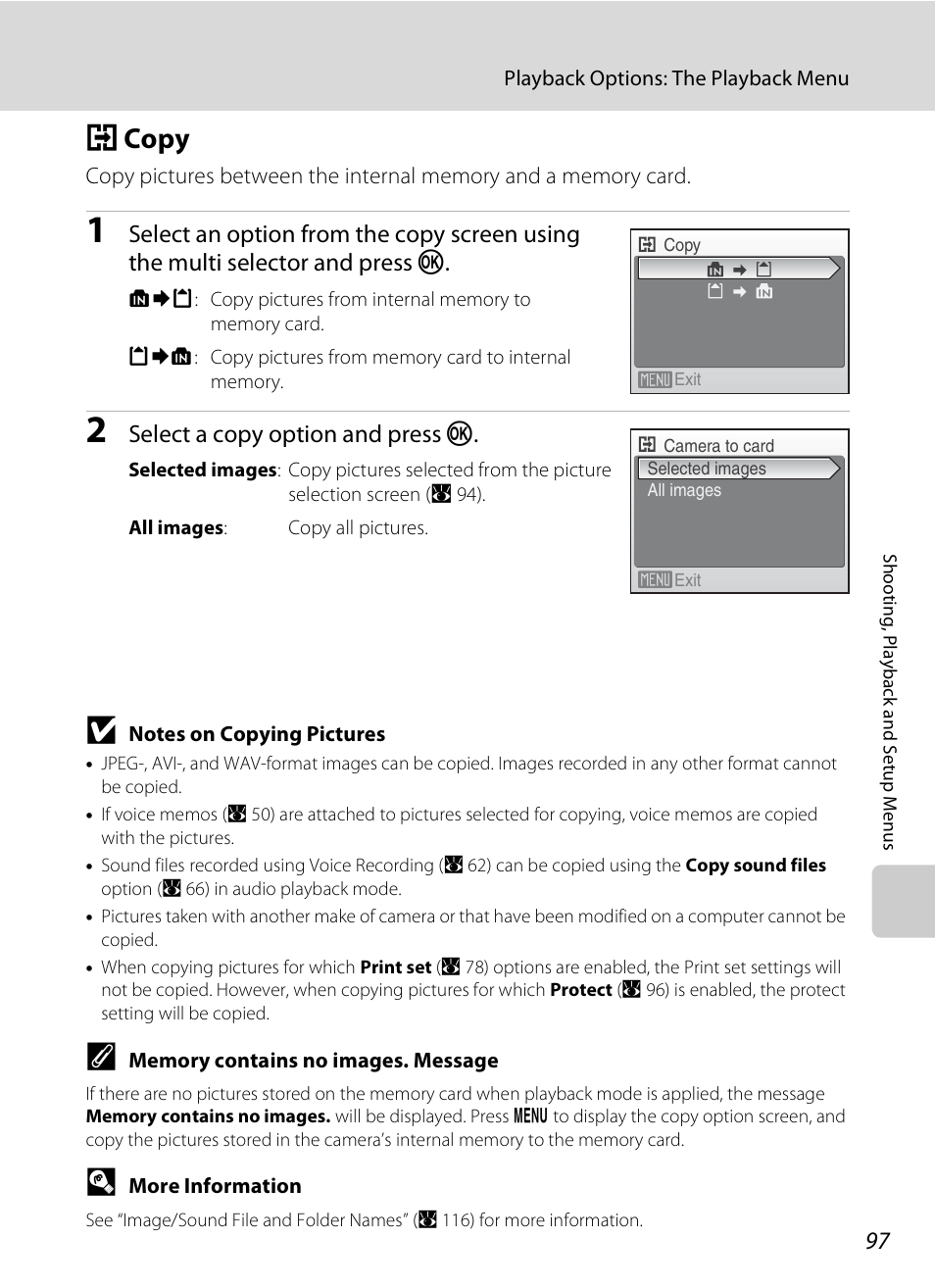 Copy, H copy, A 97 | Select a copy option and press k | Nikon Coolpix S210 User Manual | Page 109 / 148