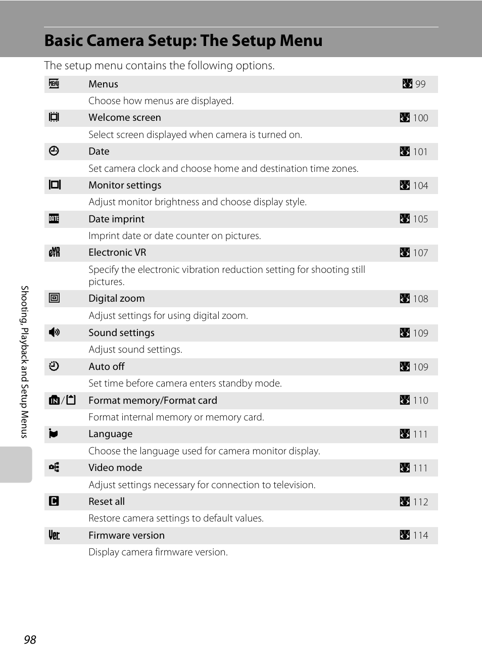 Basic camera setup: the setup menu, A 98), A 98 | Nikon Coolpix S210 User Manual | Page 110 / 148