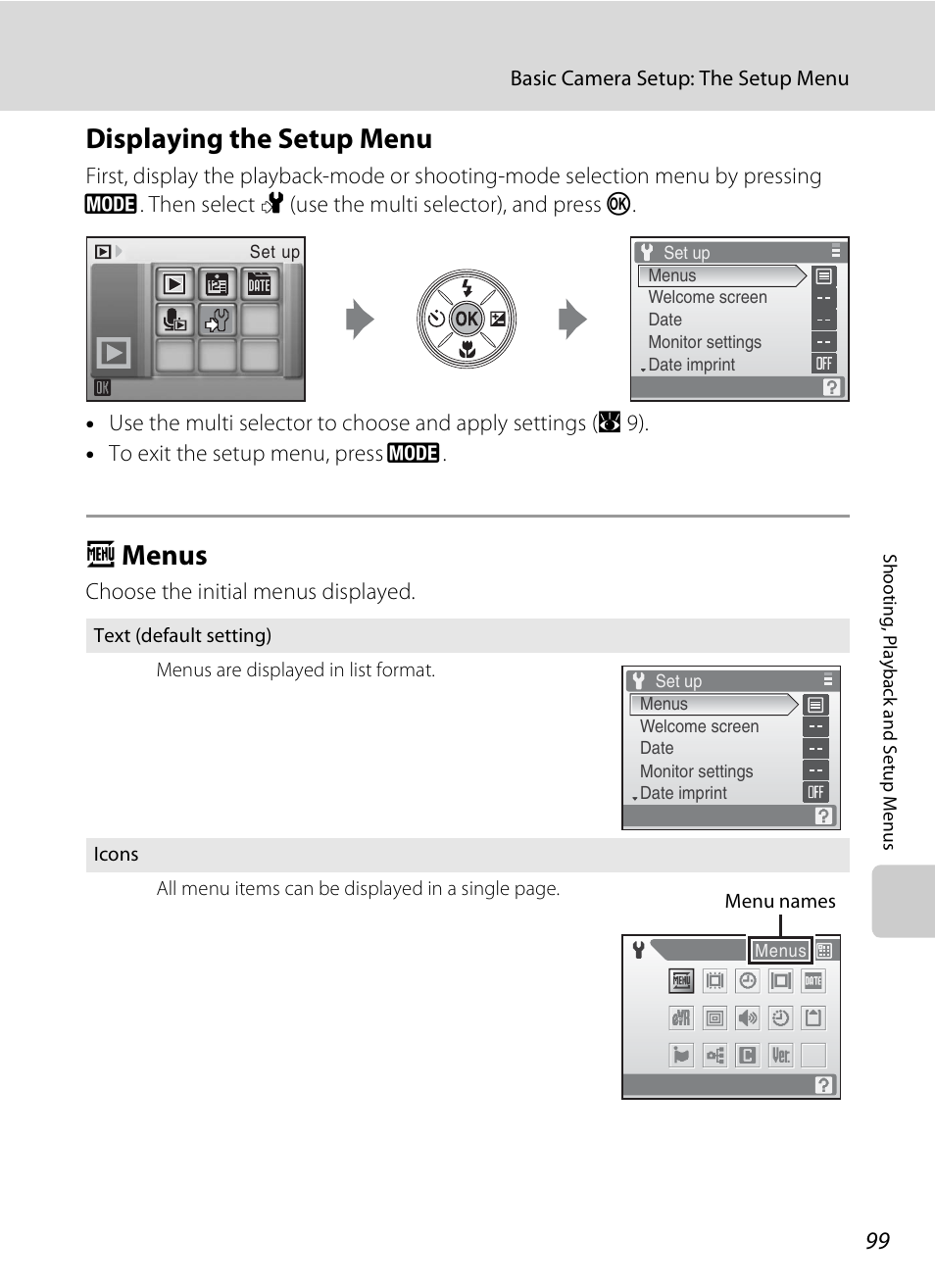 Displaying the setup menu, Menus, Displaying the setup menu a menus | A 99, A menus | Nikon Coolpix S210 User Manual | Page 111 / 148