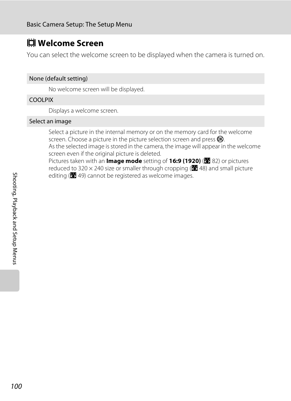 Welcome screen, C welcome screen, A 100) | A 100 | Nikon Coolpix S210 User Manual | Page 112 / 148