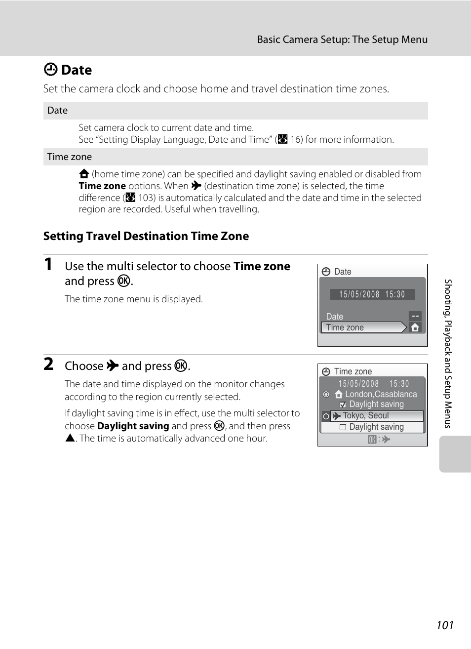 Date, D date, A 101) | A 101, Setting travel destination time zone, Choose x and press k | Nikon Coolpix S210 User Manual | Page 113 / 148