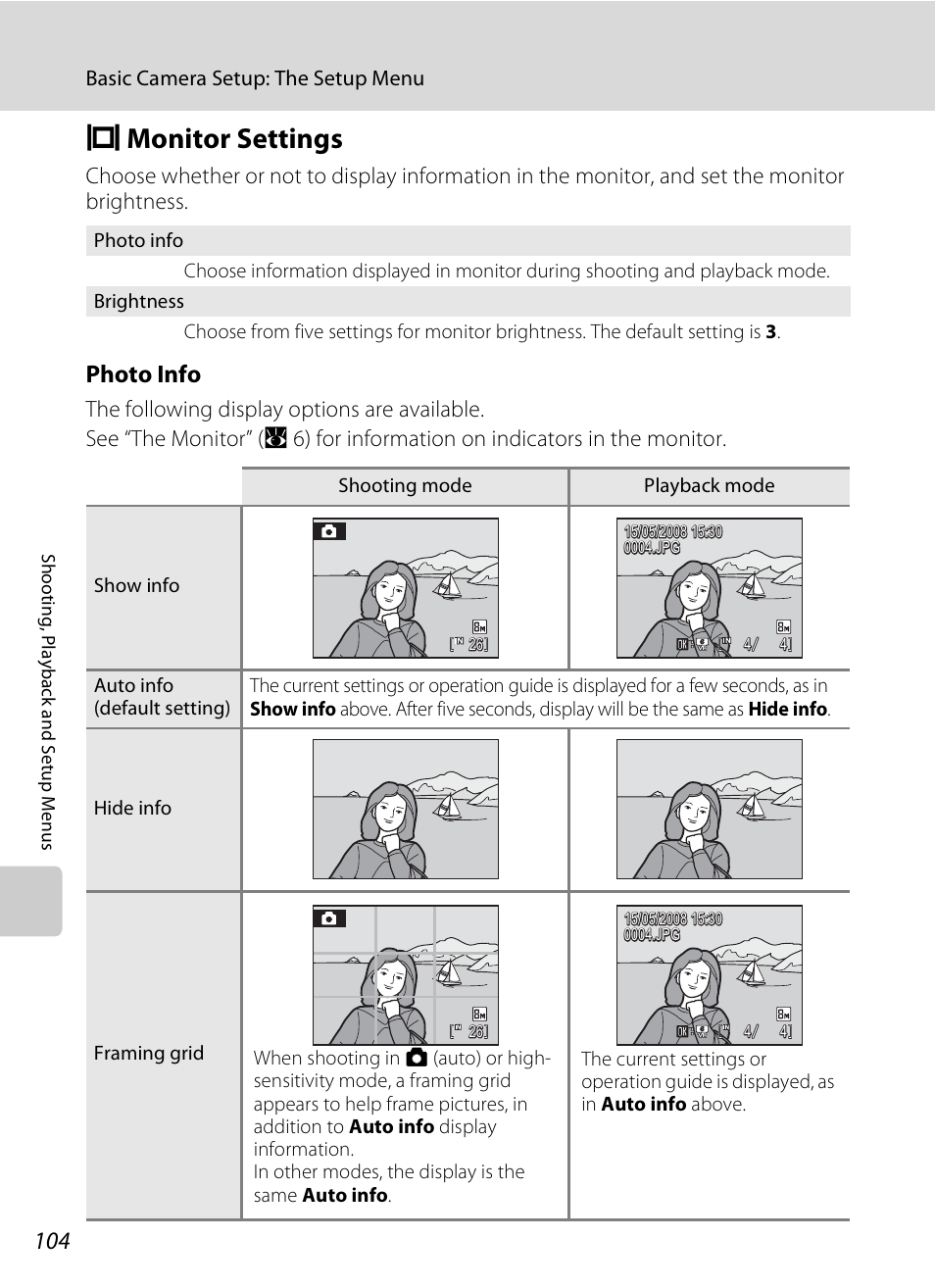 Monitor settings, E monitor settings, A 104 | A 104), Photo info | Nikon Coolpix S210 User Manual | Page 116 / 148