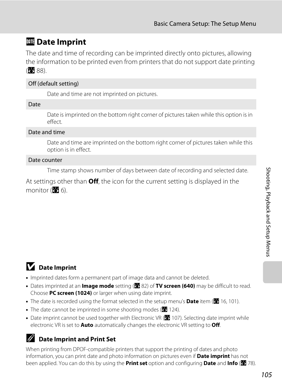 Date imprint, F date imprint, A 105) | A 105 | Nikon Coolpix S210 User Manual | Page 117 / 148