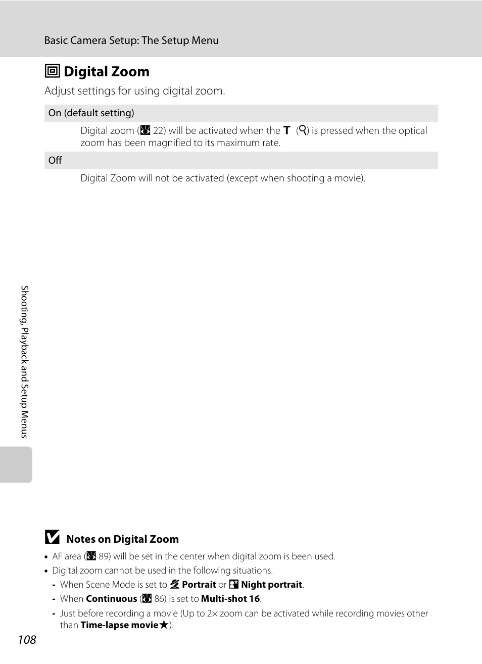 Digital zoom, U digital zoom, A 108 | Nikon Coolpix S210 User Manual | Page 120 / 148