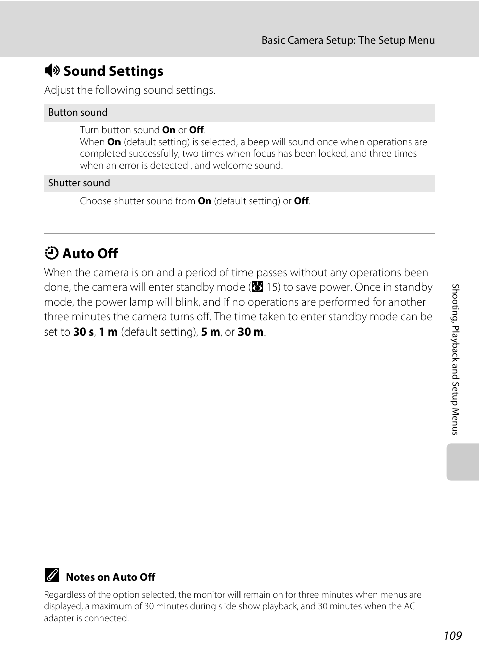 Sound settings, Auto off, I sound settings k auto off | A 109, I sound settings, K auto off | Nikon Coolpix S210 User Manual | Page 121 / 148