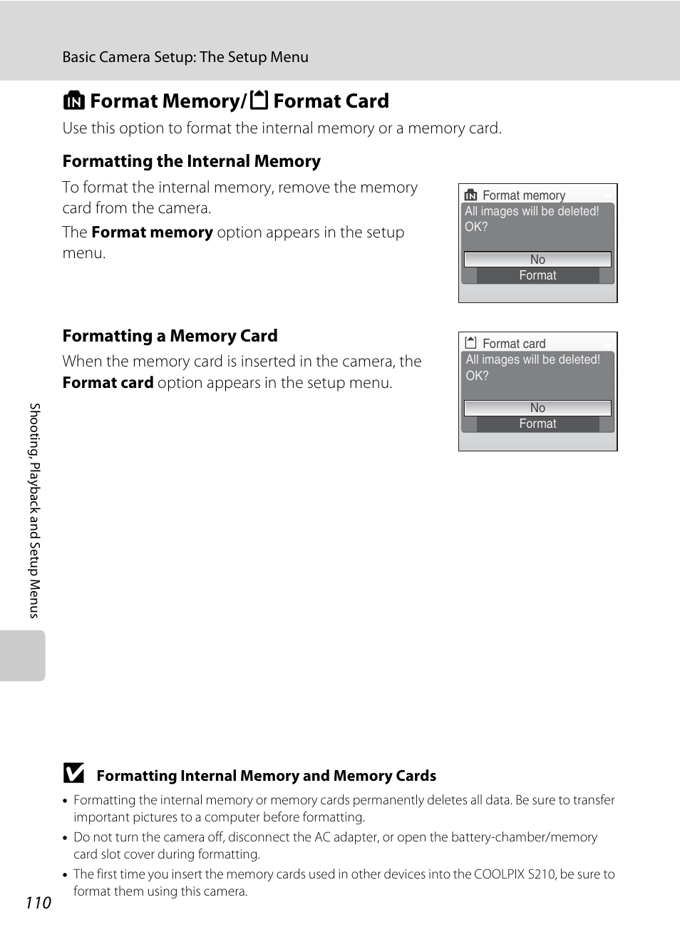 Format memory/format card, L format memory/m format card, A 110) | A 110 | Nikon Coolpix S210 User Manual | Page 122 / 148