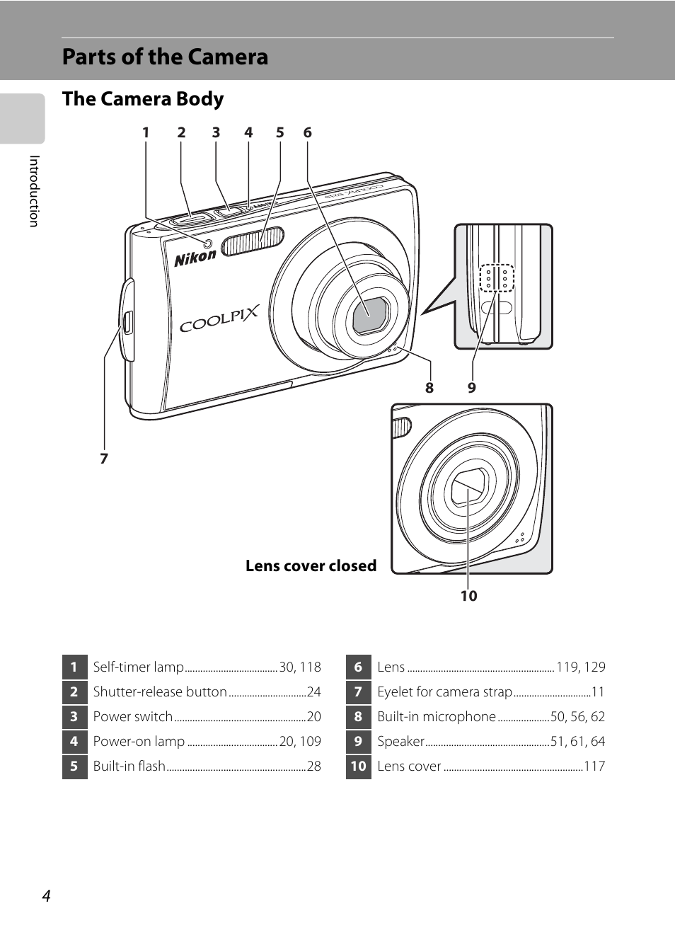 Parts of the camera, The camera body | Nikon Coolpix S210 User Manual | Page 16 / 148
