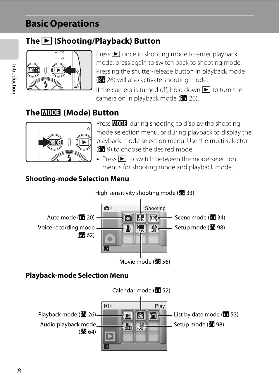 Basic operations, The shooting/playback button, The mode button | C (shooting/playback) button, E (mode) button | Nikon Coolpix S210 User Manual | Page 20 / 148