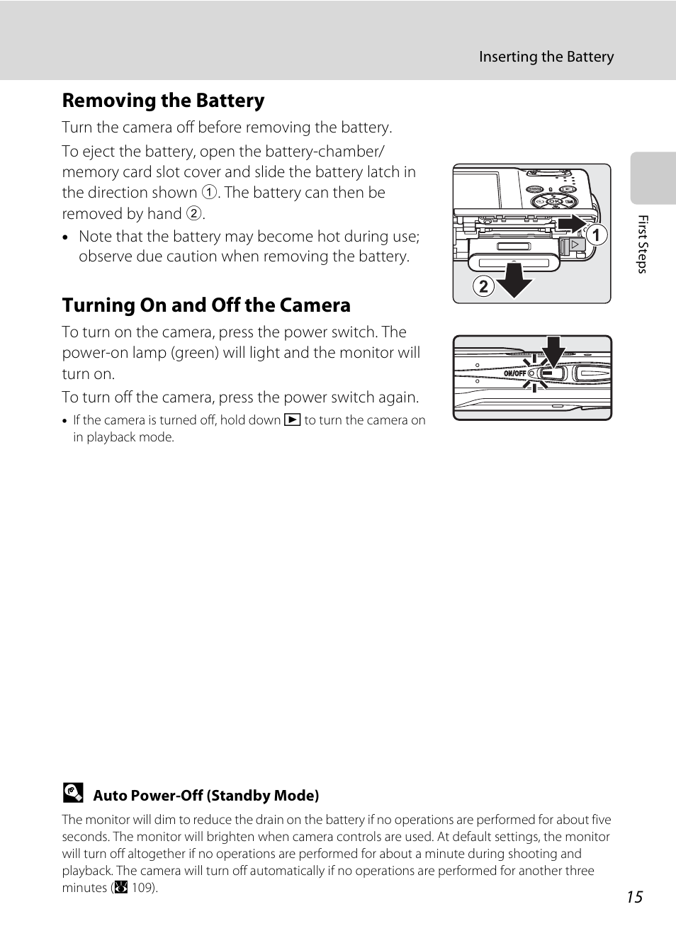 Removing the battery, Turning on and off the camera, Removing the battery turning on and off the camera | Nikon Coolpix S210 User Manual | Page 27 / 148