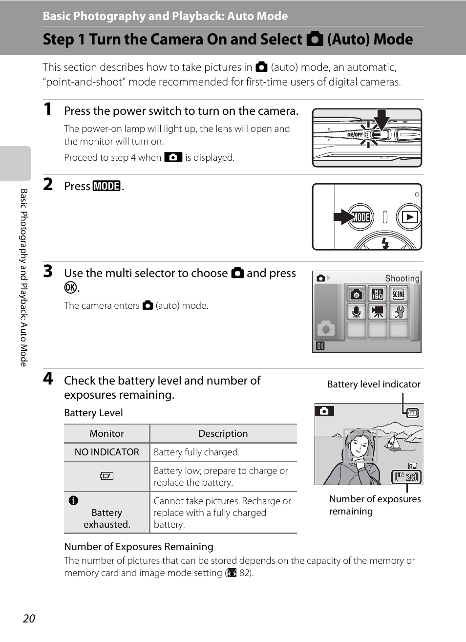 Basic photography and playback: auto mode, Step 1 turn the camera on and select auto mode, A basic photography and playback: auto mode | Step 1 turn the camera on and select a (auto) mode, A 20) | Nikon Coolpix S210 User Manual | Page 32 / 148