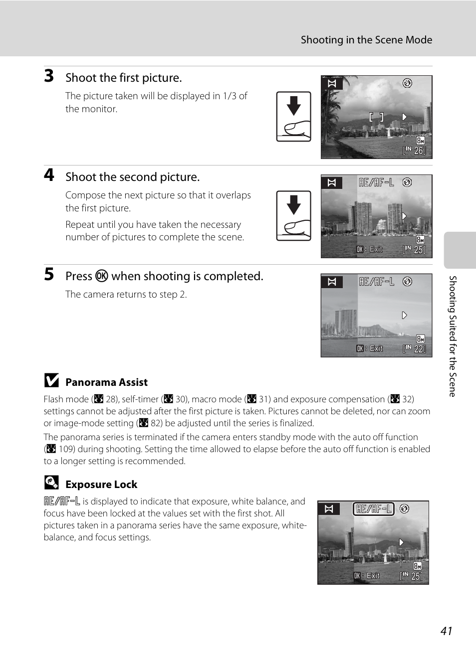 Shoot the first picture, Shoot the second picture, Press k when shooting is completed | Nikon Coolpix S210 User Manual | Page 53 / 148