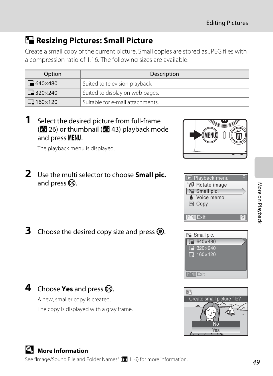 Resizing pictures: small picture, G resizing pictures: small picture, A 49) | Nikon Coolpix S210 User Manual | Page 61 / 148