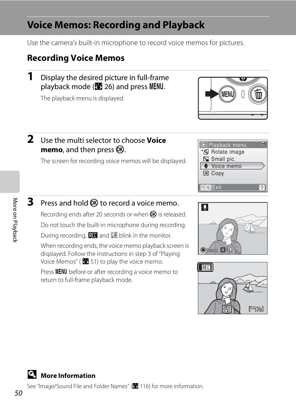 Voice memos: recording and playback, Recording voice memos | Nikon Coolpix S210 User Manual | Page 62 / 148