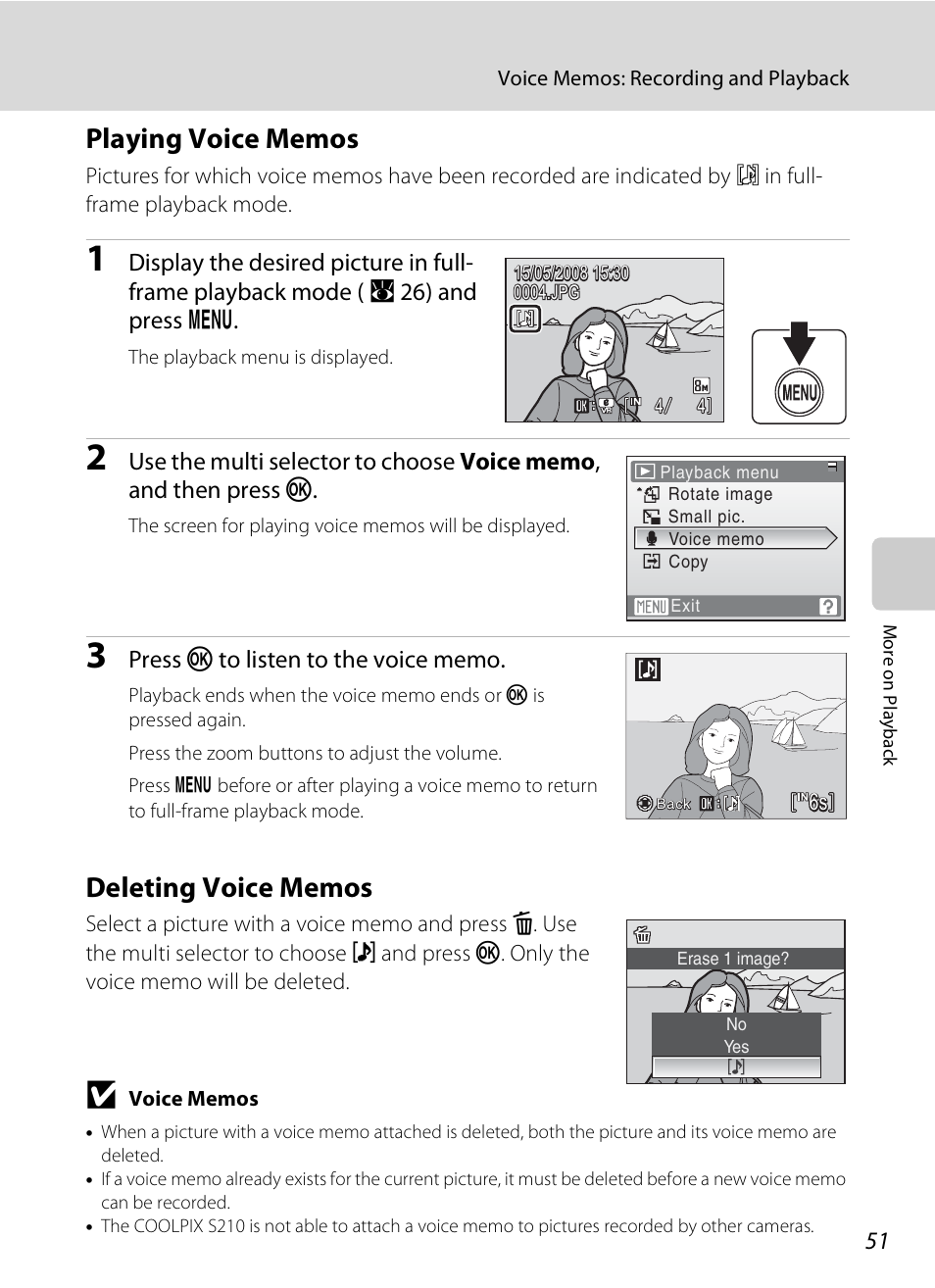 Playing voice memos, Deleting voice memos, Playing voice memos deleting voice memos | A 51) | Nikon Coolpix S210 User Manual | Page 63 / 148