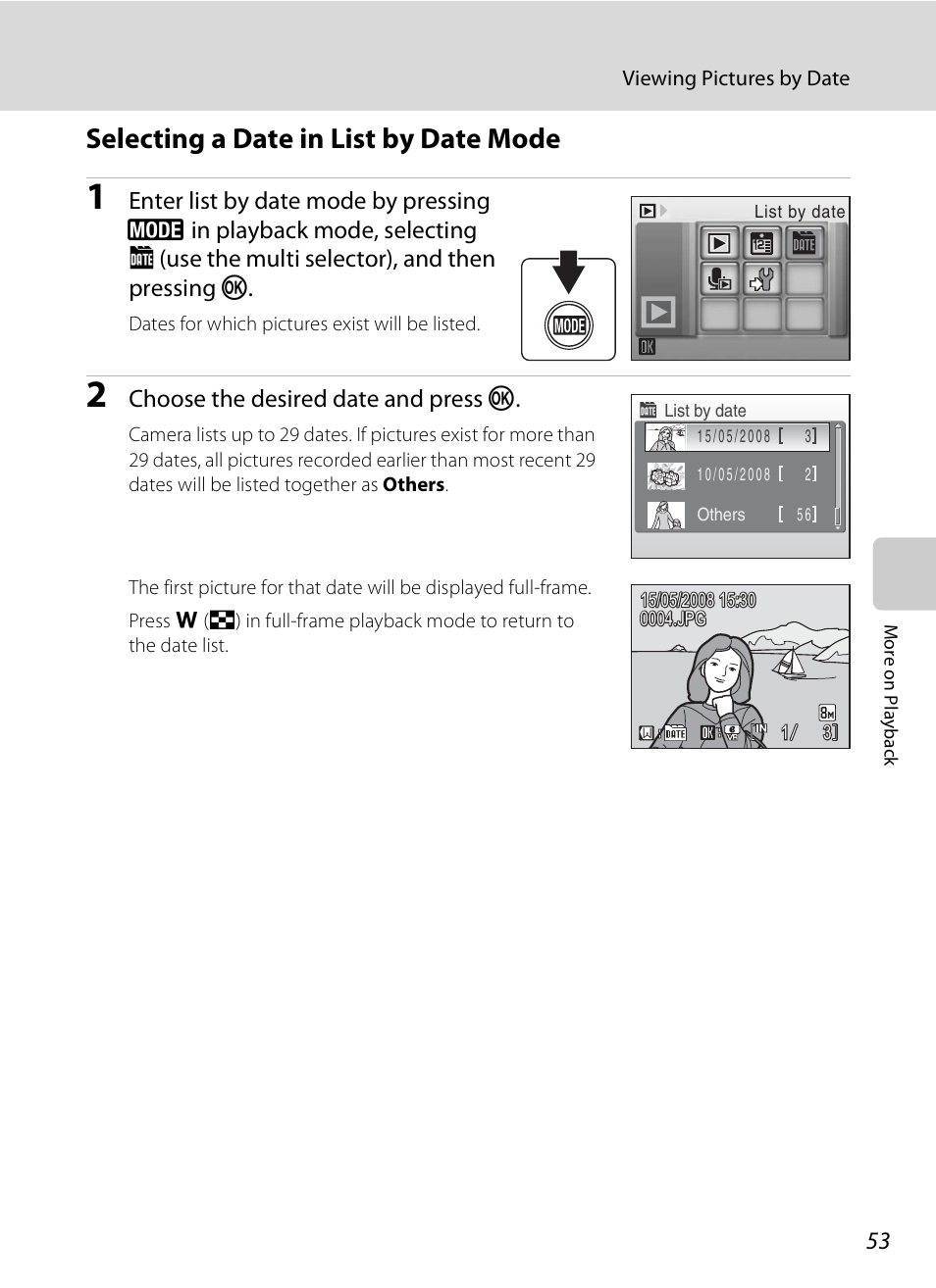 Selecting a date in list by date mode, A 53), Choose the desired date and press k | Nikon Coolpix S210 User Manual | Page 65 / 148