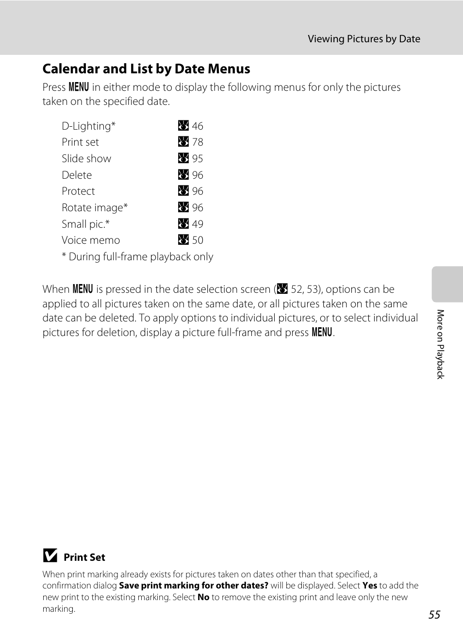 Calendar and list by date menus | Nikon Coolpix S210 User Manual | Page 67 / 148