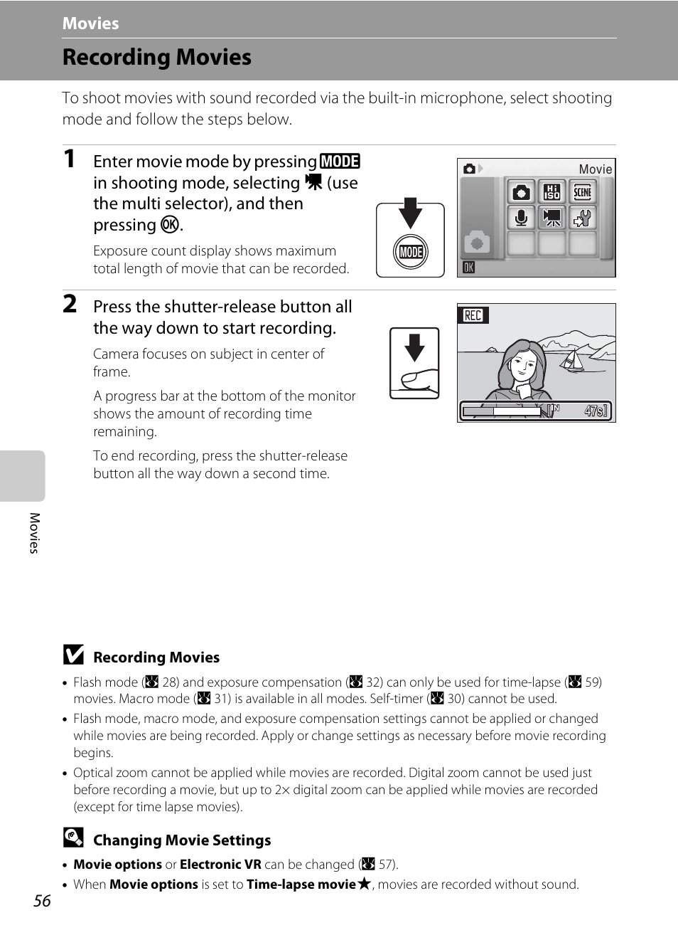 Movies, Recording movies, D movies | A 56) | Nikon Coolpix S210 User Manual | Page 68 / 148