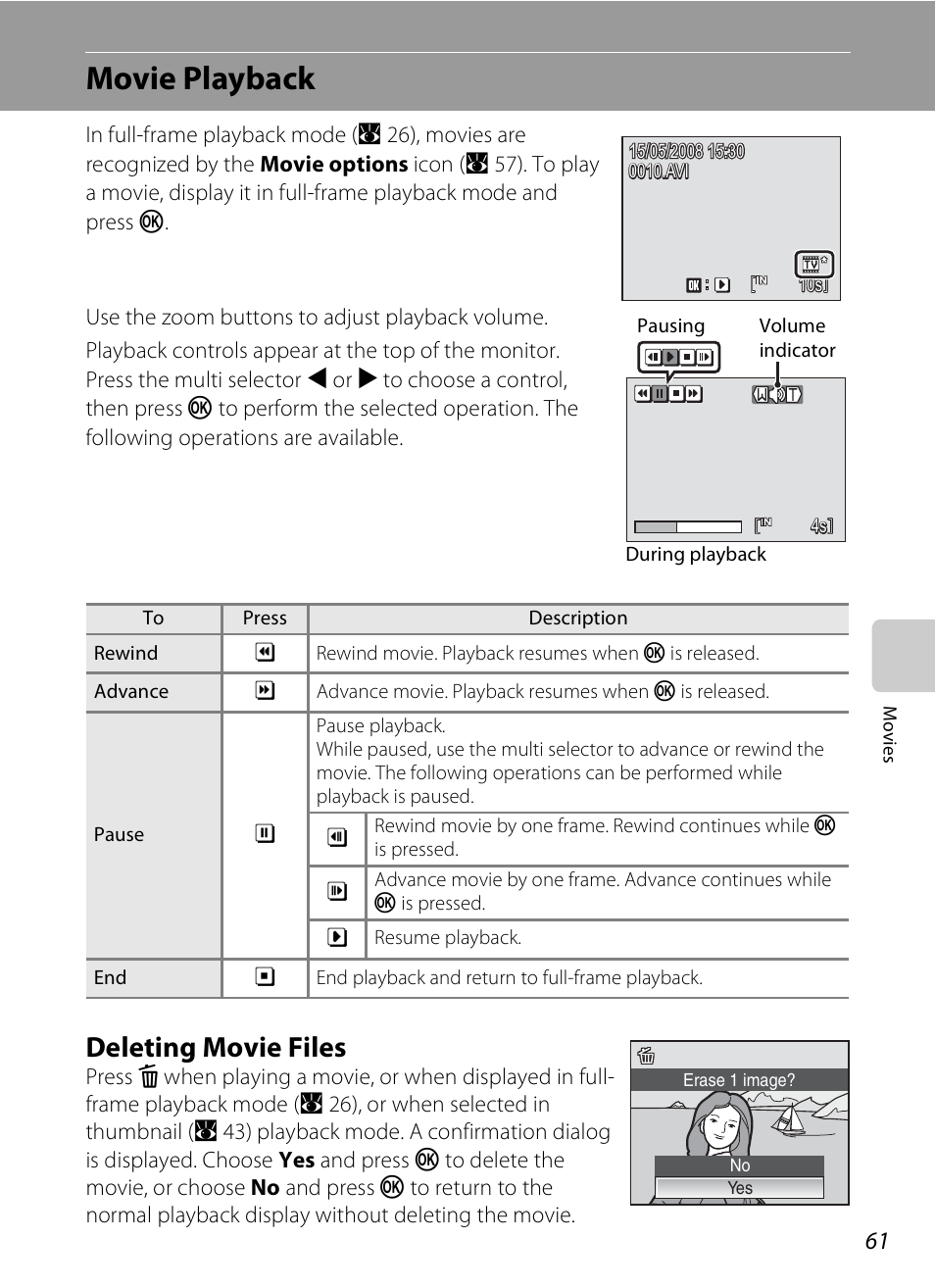 Movie playback, Deleting movie files | Nikon Coolpix S210 User Manual | Page 73 / 148