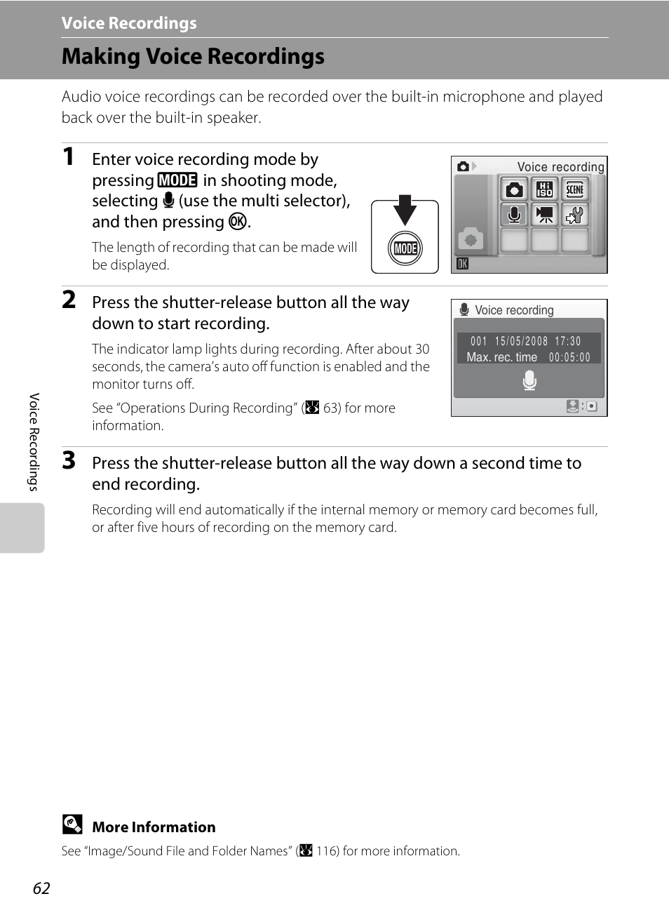 Voice recordings, Making voice recordings, E voice recordings | A 62) | Nikon Coolpix S210 User Manual | Page 74 / 148