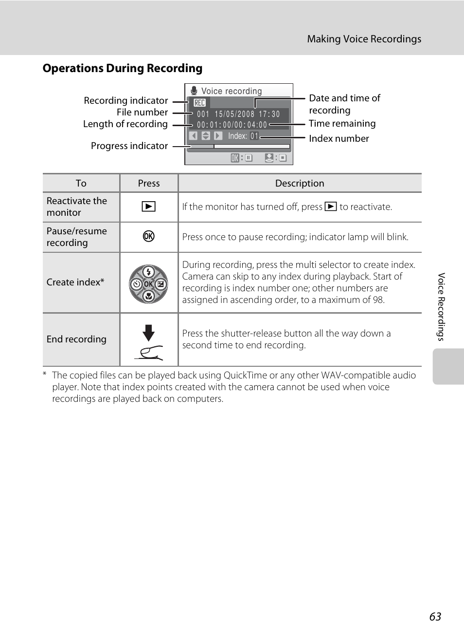 E “operations during recording, A 63) fo, Operations during recording | Nikon Coolpix S210 User Manual | Page 75 / 148