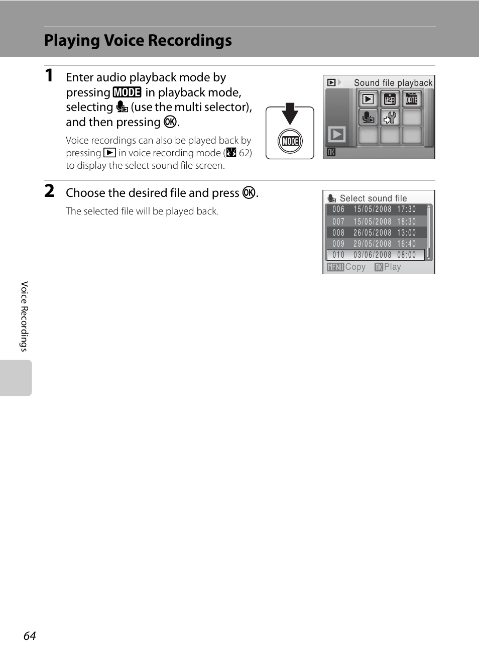 Playing voice recordings, A 64), A 64 | Nikon Coolpix S210 User Manual | Page 76 / 148